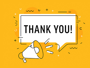 Infographic of a bullhorn with a square shaped word balloon that says, "Thank You!"