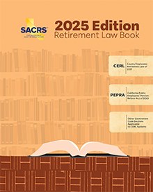 Cover for 2025 Edition Retirement Lawbook. Infographic of a wall of books with an open book in front.
