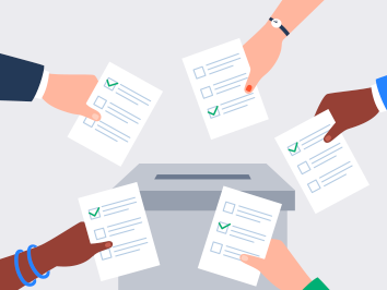 Illustrations of several hands putting a ballot into the ballot box.