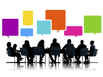Infographic of board meeting with word balloons hovering over board members.