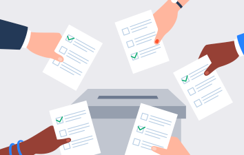 Illustrations of several hands putting a ballot into the ballot box.