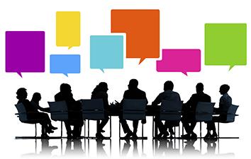 Infographic of board meeting with word balloons hovering over board members.