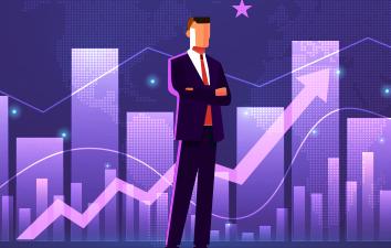 Infographic on businessman in front of a purple stock chart slowly rising.